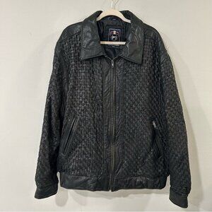 Phat Farm Black Woven Leather Bomber Jacket Quilted Zip-Up Jacket Men’s Size 4XL